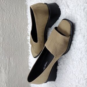 Fanfares Alex II Gold Tone Fabric Upper Square Open Toe Low Block-Heel Shoe